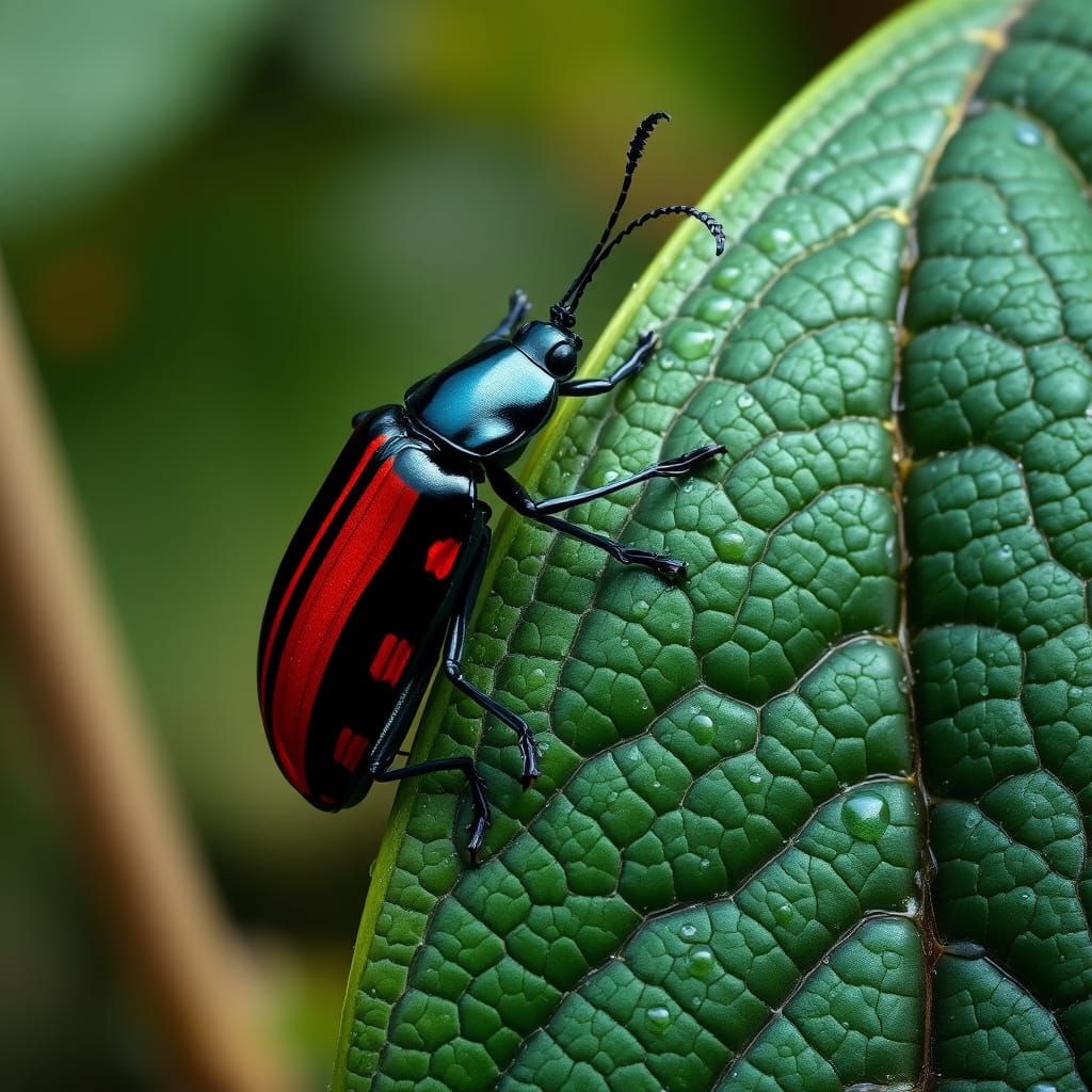 Glossy Beetle with Bold Black and Red Stripes on a Dew-Kisse...