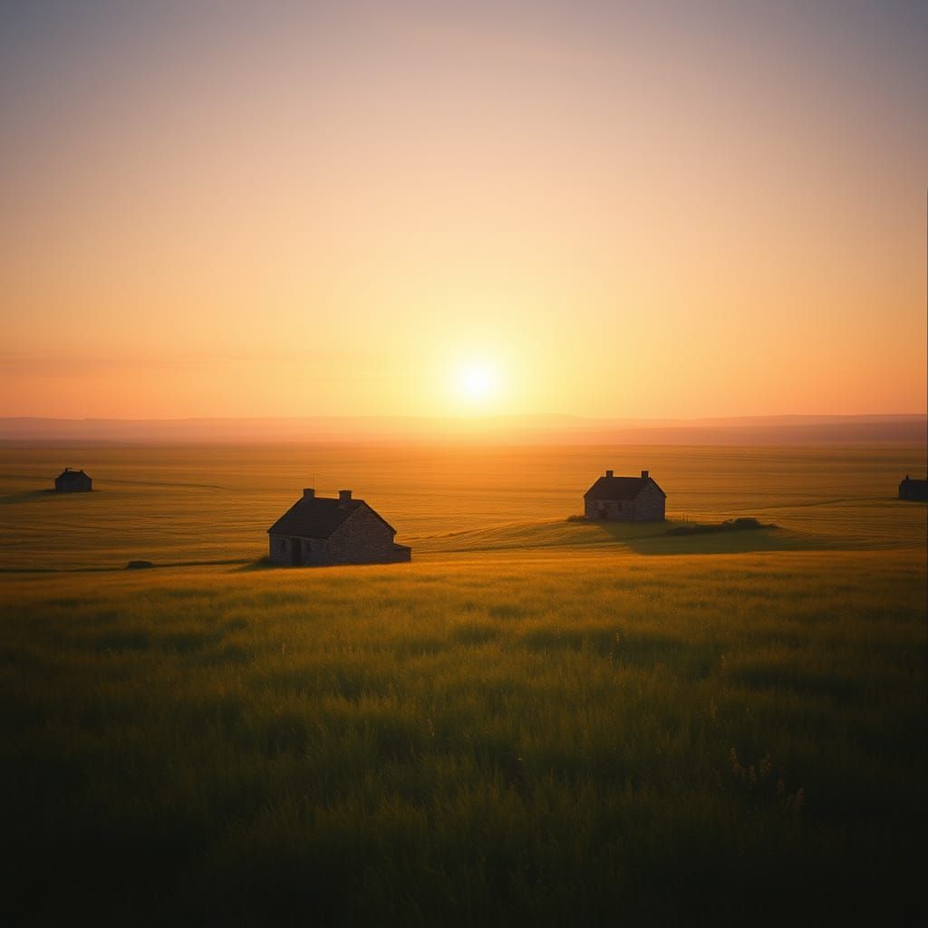Surreal Sunset on Endless Grasslands in Photorealistic Style