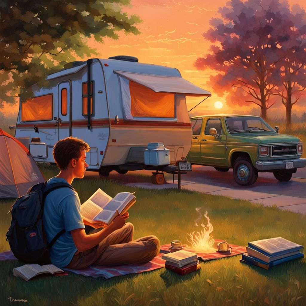 Camping out by the mall, on the grass beside the parking lot, waiting for the store to open, reading a book next to a Co...