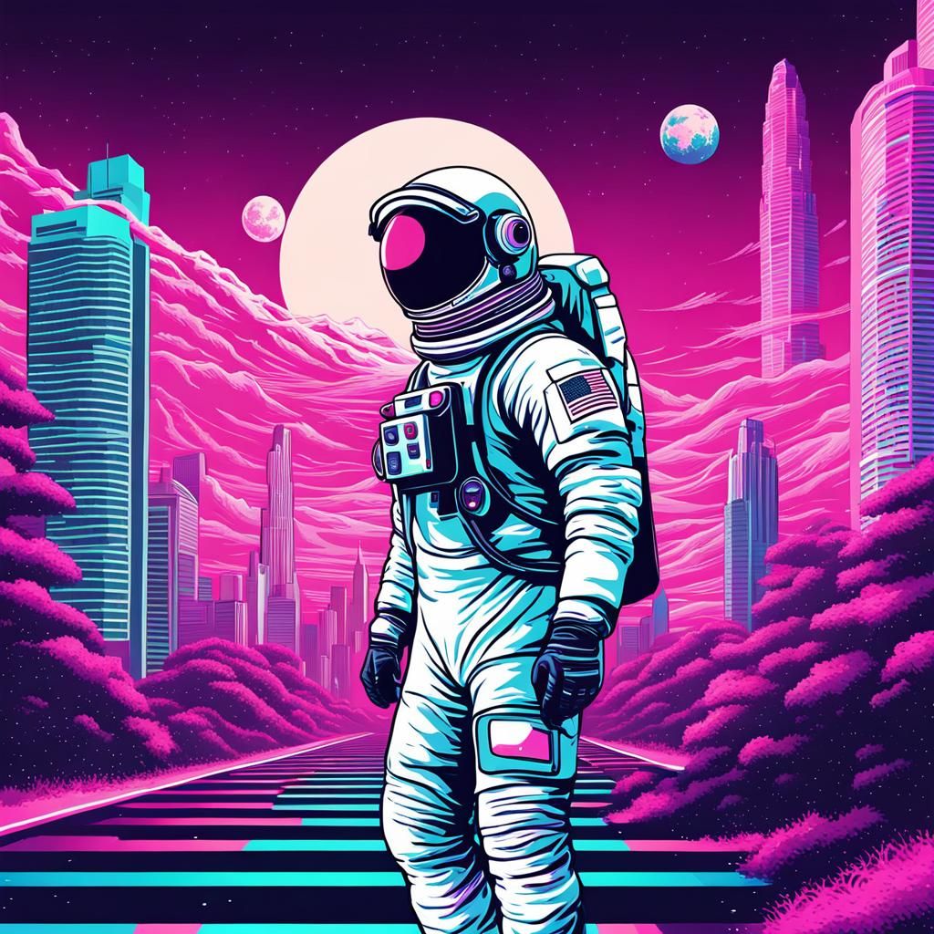 Astronaut in Vaporwave City with Drawling Style