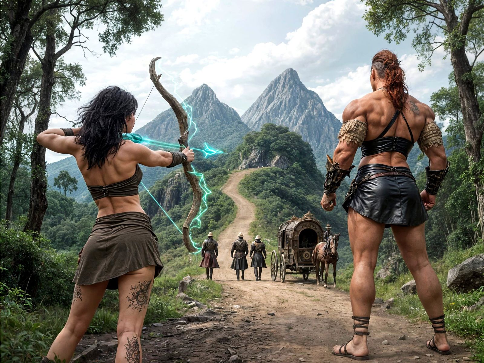 Amazonian Warrior Fires Magical Arrows Outside Fantasy Tower