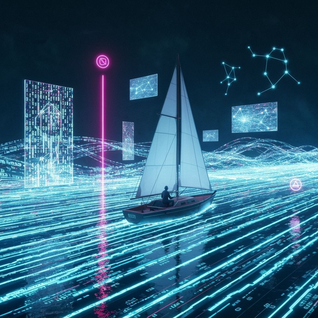 Futuristic Navigator in Digital Ocean, Cyberpunk Concept Art