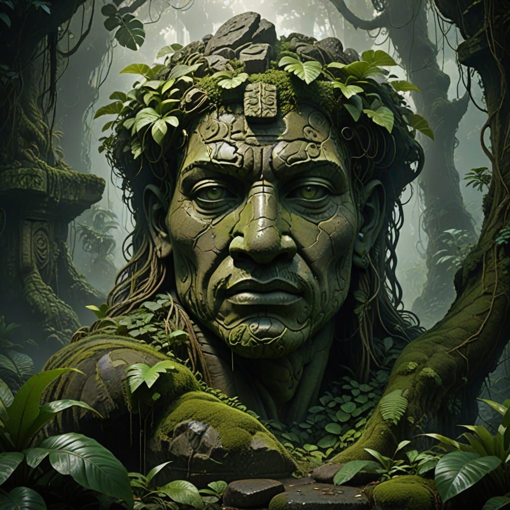 Ancient Stone Head in Misty Jungle - Hyperrealistic Concept ...
