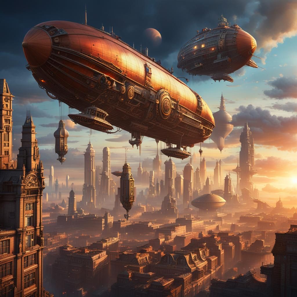 Steampunk Zeppelin Race Over Futuristic City Skyline