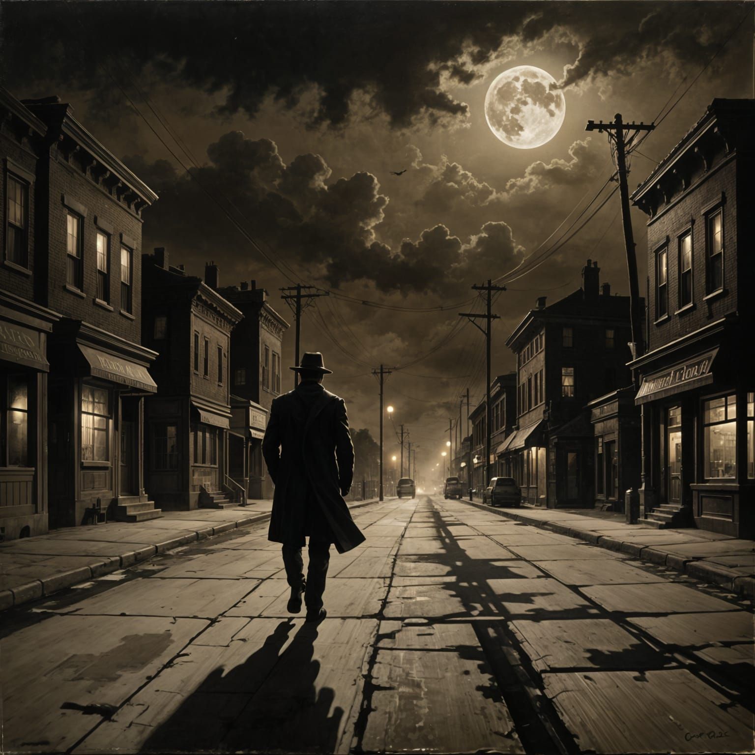 Mysterious Moonlit Figure Looms Over a Desolate City Street
