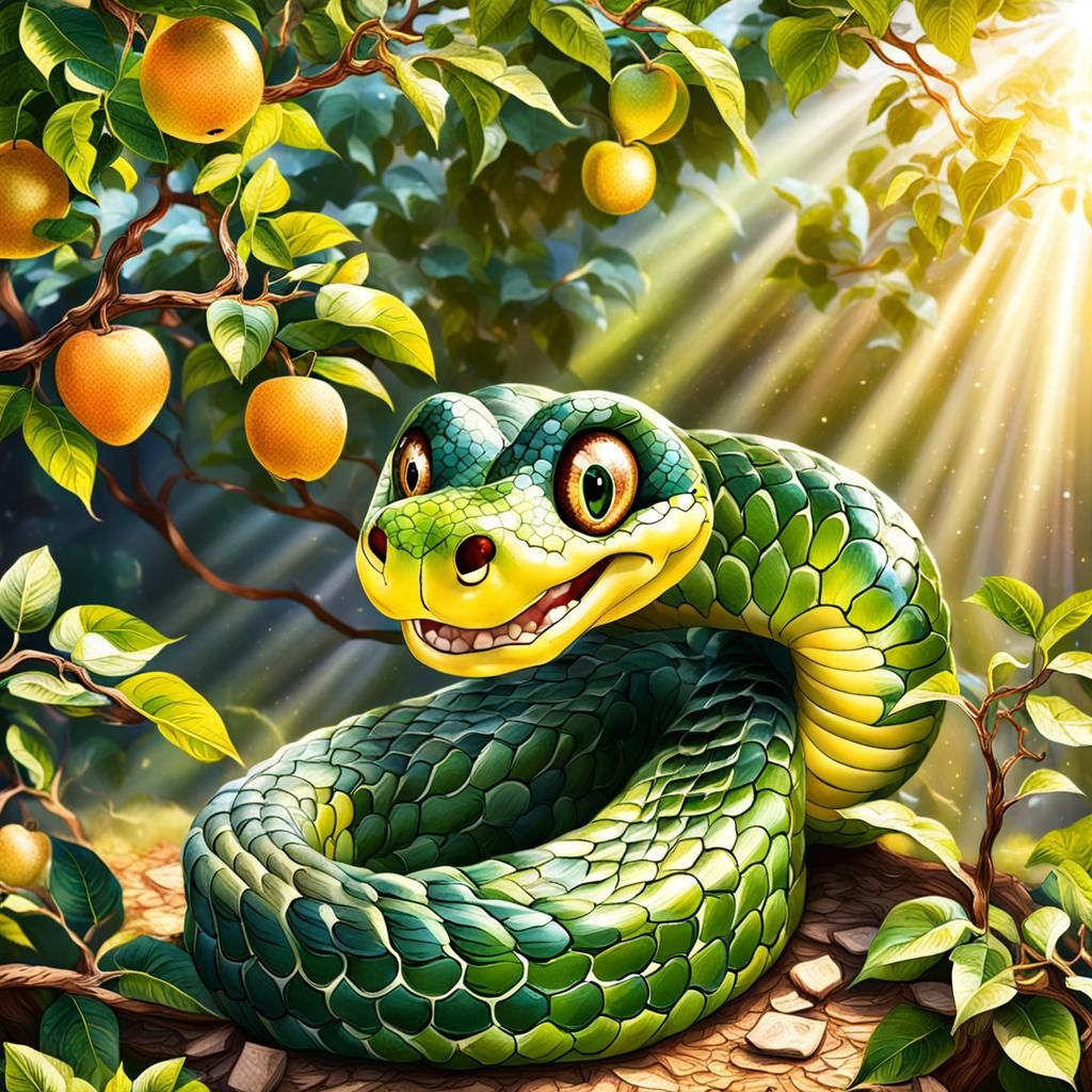 Smiling Snake Coiled Around Fruit Tree