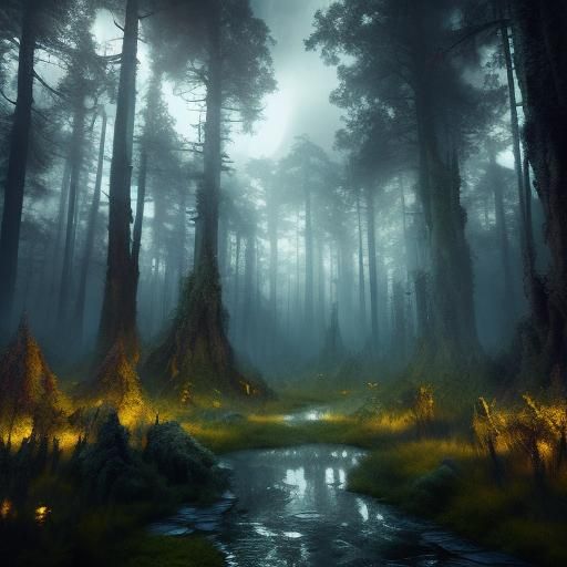 Moonlit Forest Pathway in Alcohol Ink Style