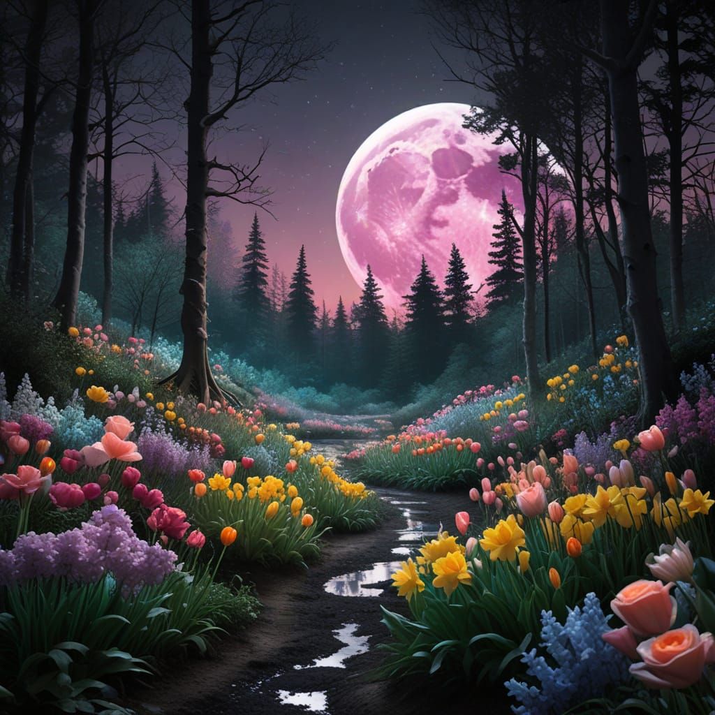 Moonlit Flowers in Eerie Forest Landscape