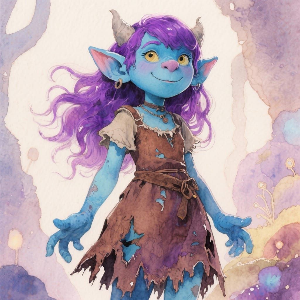 Whimsical Watercolor of Blue Troll Maggie with Purple Hair