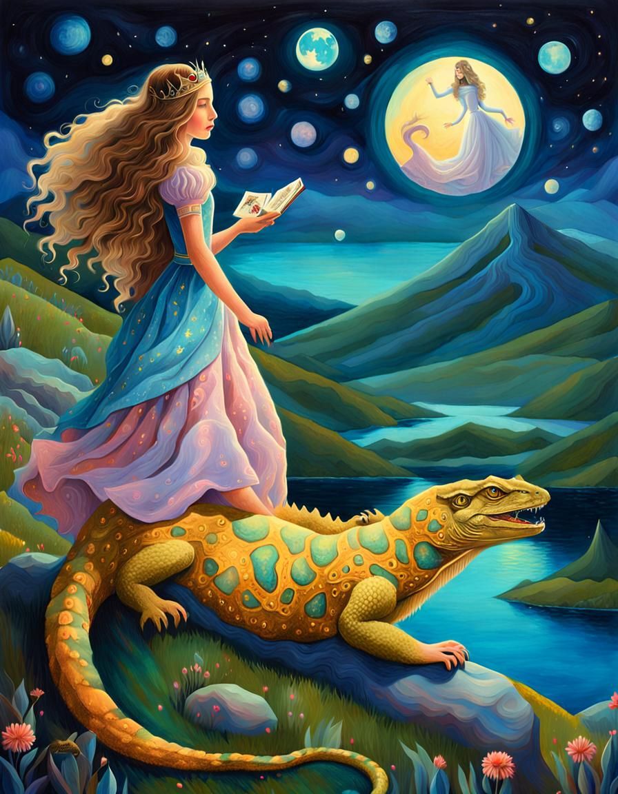 Princess Rides Lizard Cat in Surreal Oil Painting
