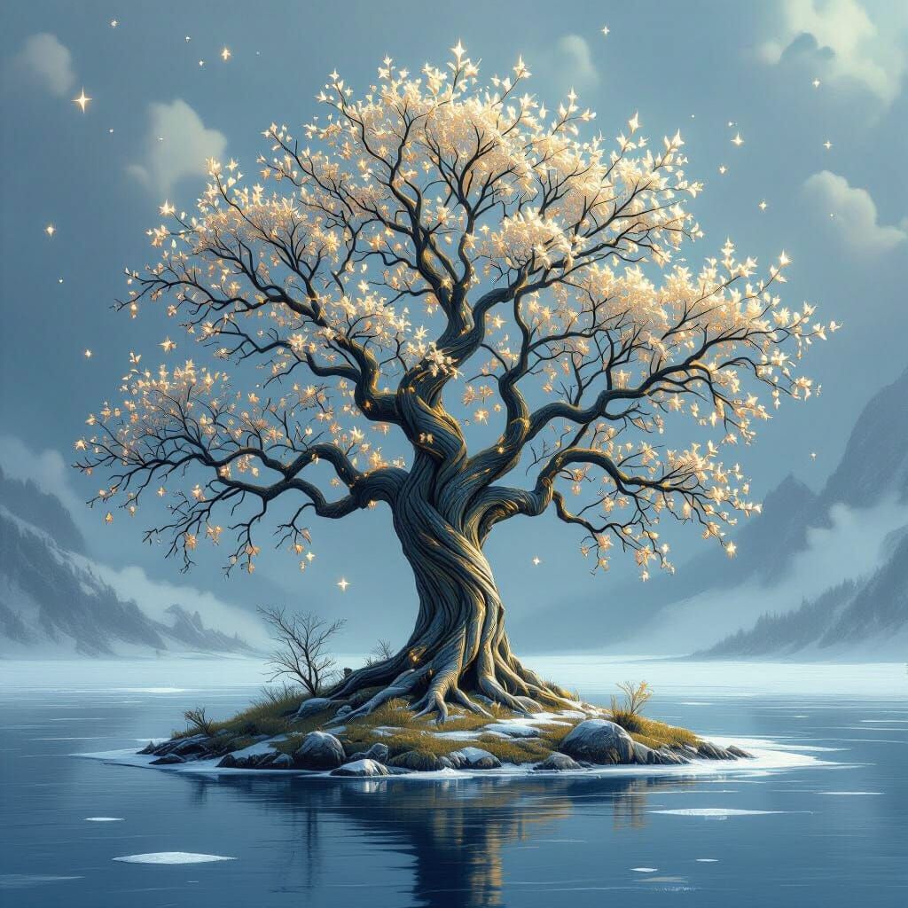 Diamond Leaf Tree on Frozen Lake Island