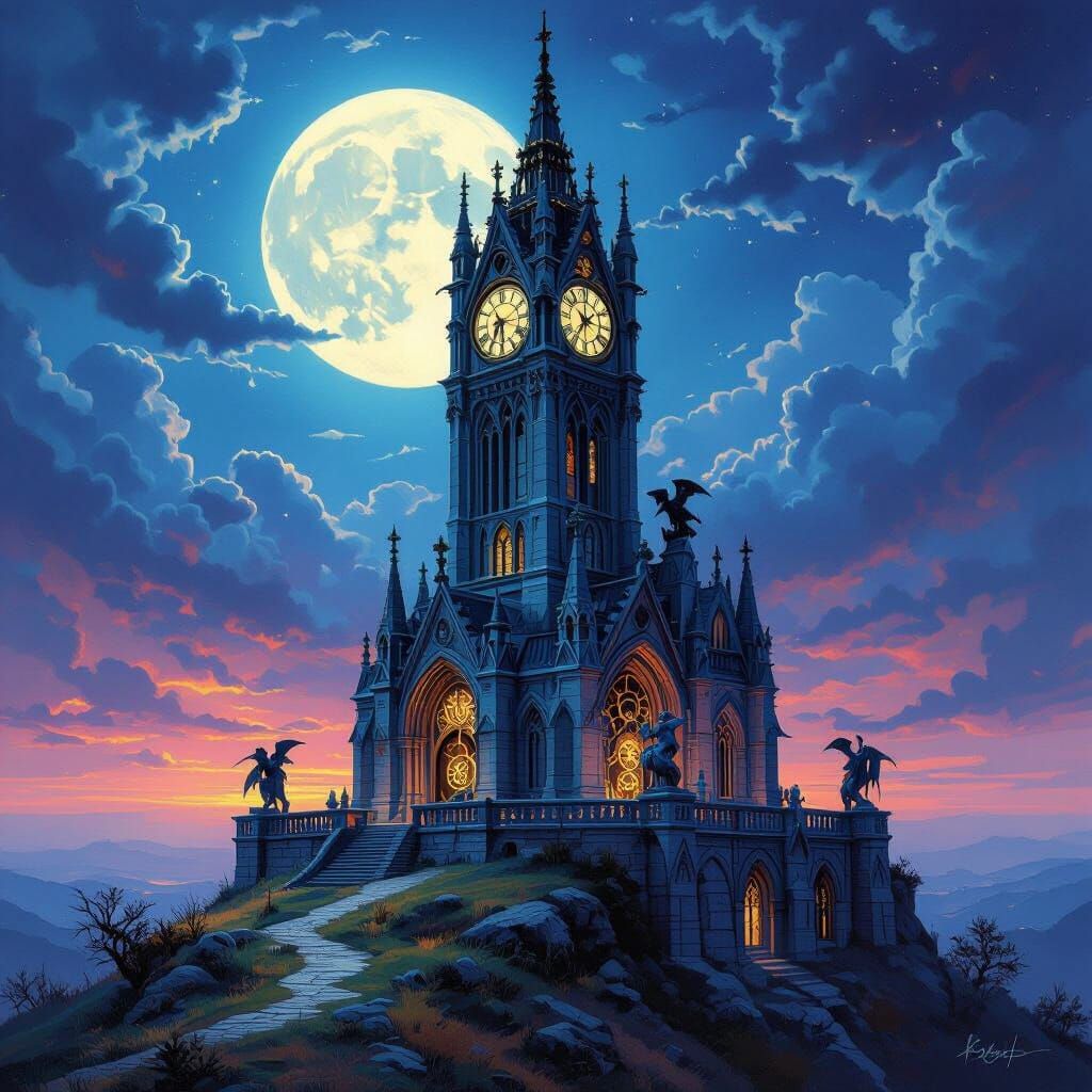 Gothic clock tower illuminated by the soft glow of a full moon.