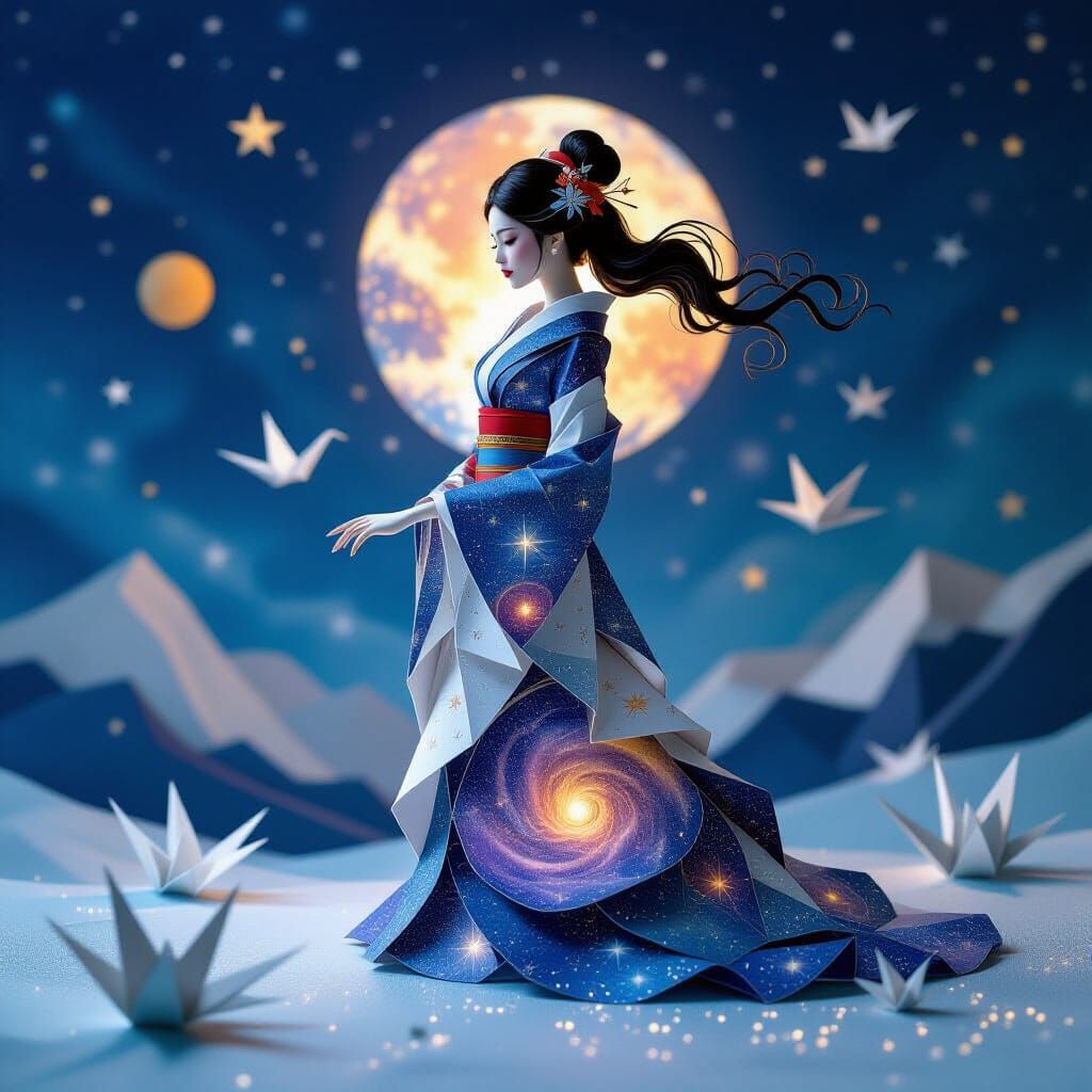 Galaxy Woman Crafted From Paper on Celestial Landscape
