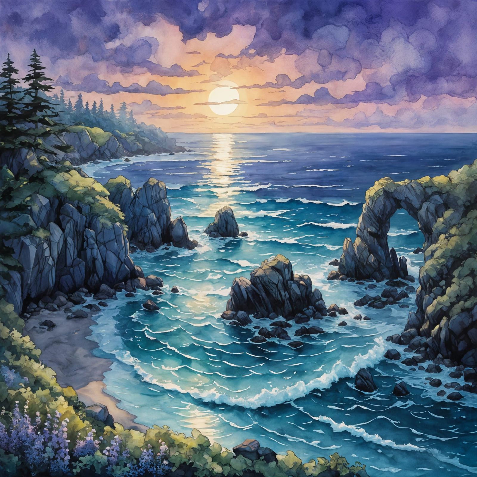 Ethereal Twilight Coastline with Overgrown Arches