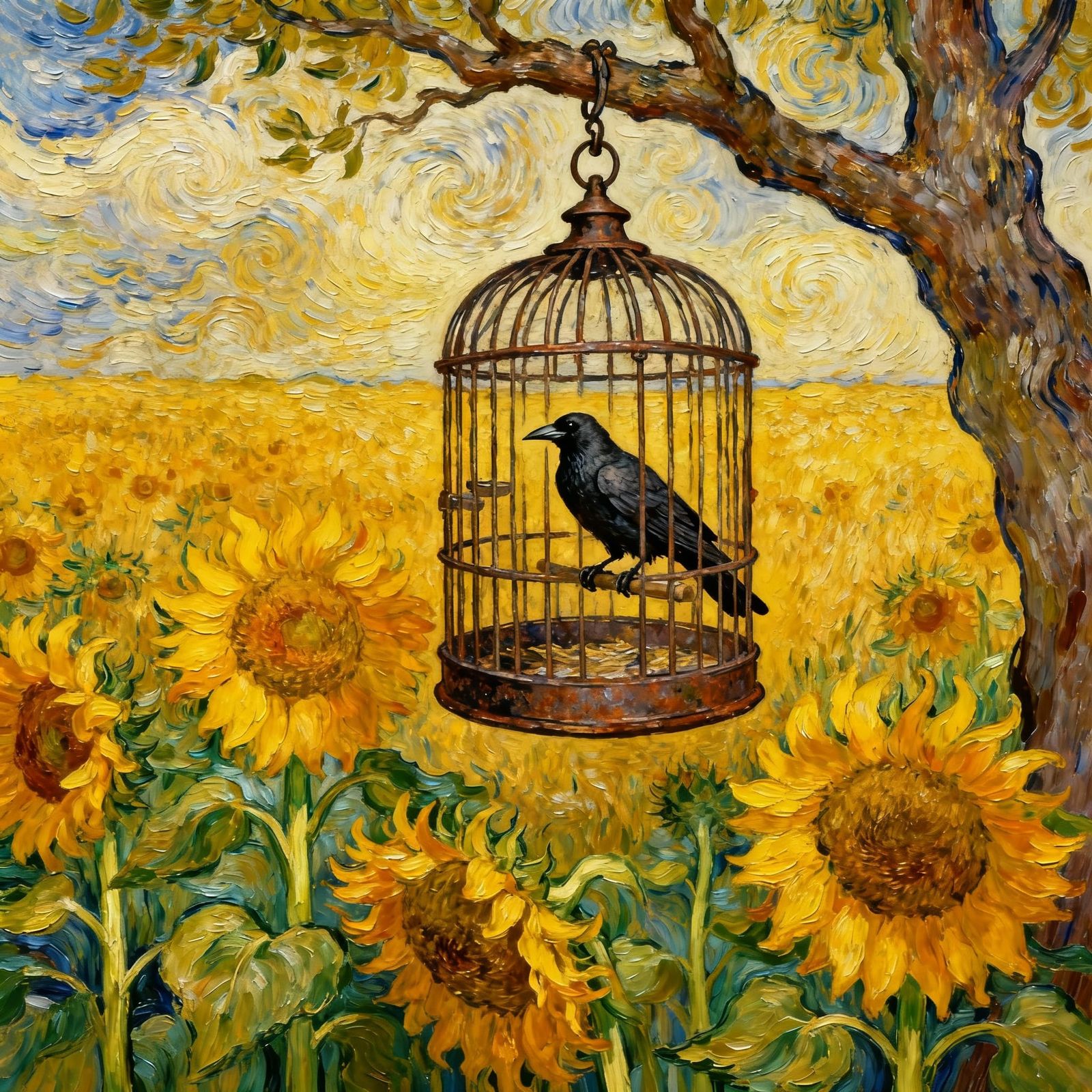 Crow in Iron Birdcage Amidst Sunflowers, Van Gogh Style