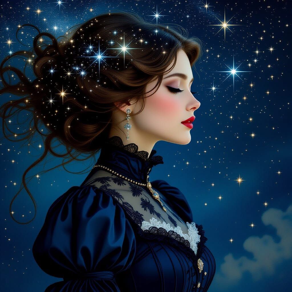 Victorian Lady with Starry Hair in Art Nouveau Style