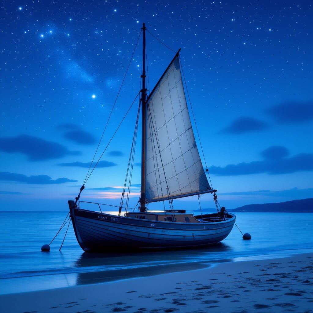 Sailboat on Beach Under Starry Sky