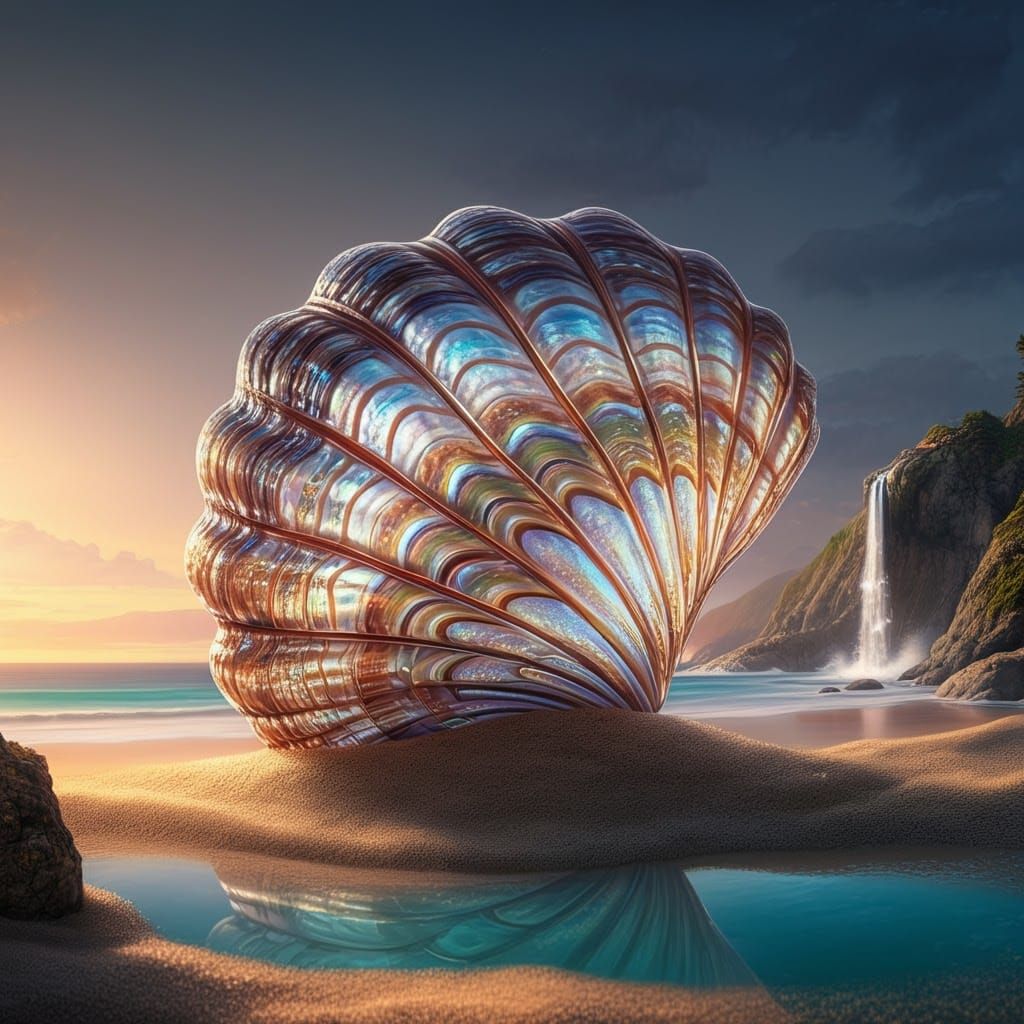 Glass Murex Shell on Sunset Beach, Hyperrealistic Art