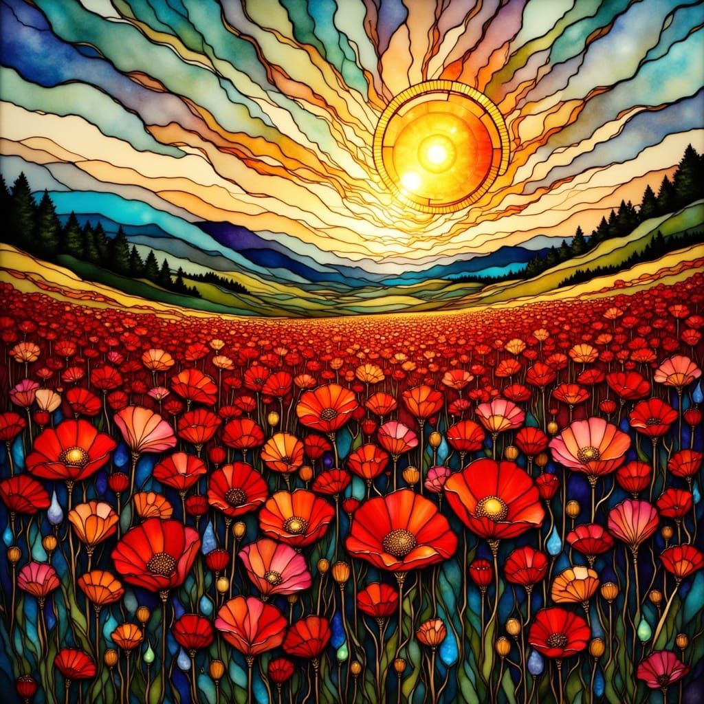 Stained Glass Poppy Field in Art Nouveau Style