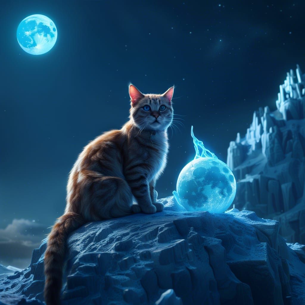 Cat Licking Blue Ice Moon: Detailed Matte Painting