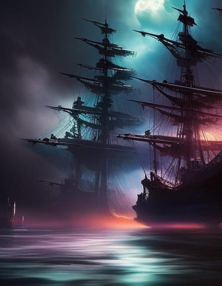 Ghost Ship Sailing Through Luminous Clouds