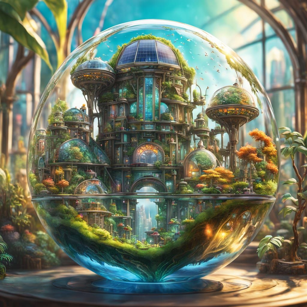 Miniature Solarpunk Community in Glass Bowl