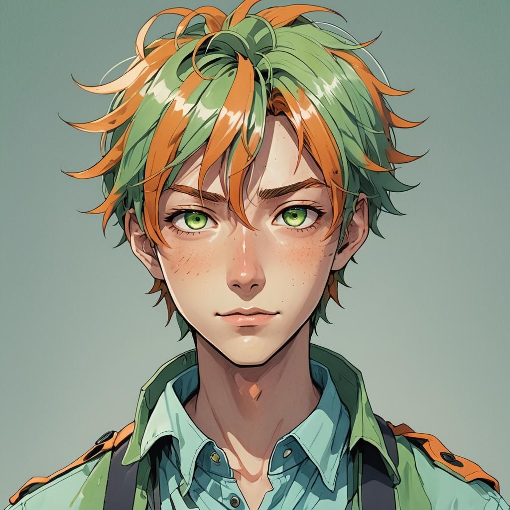 A boy with very long, orange, fluffy, messy hair. He is also...