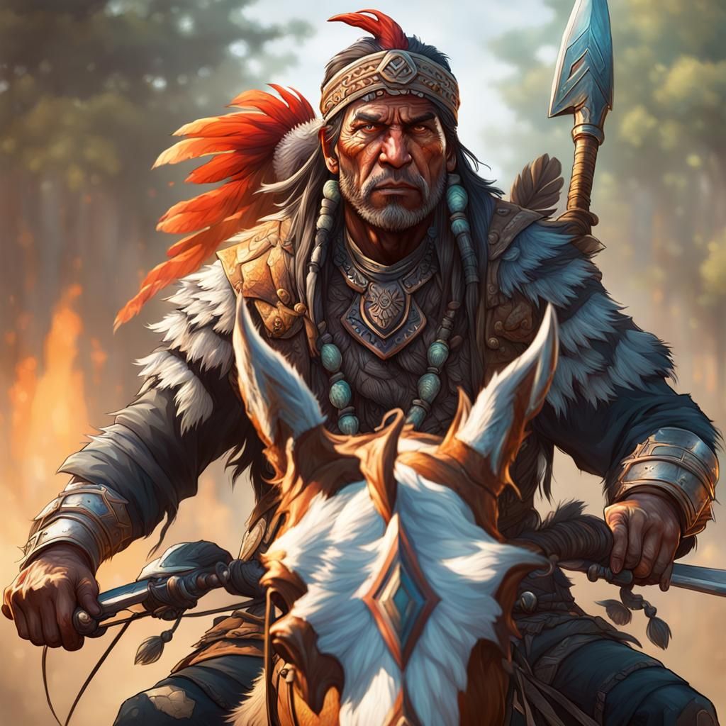 Tribal Hunter Rides Battle Chicken: Detailed Portrait