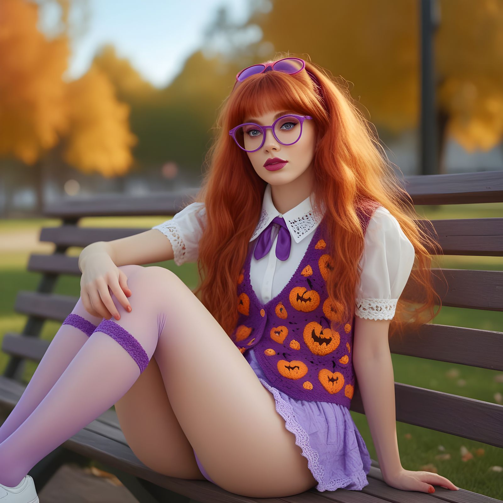 1970s Woman in Fluffy Red Hair and Crochet Vest