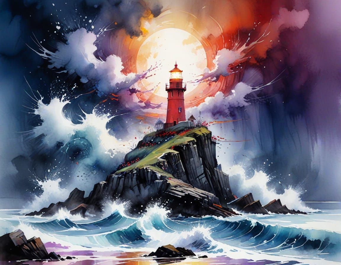 Lighthouse Against Storm, Dramatic Watercolor Painting