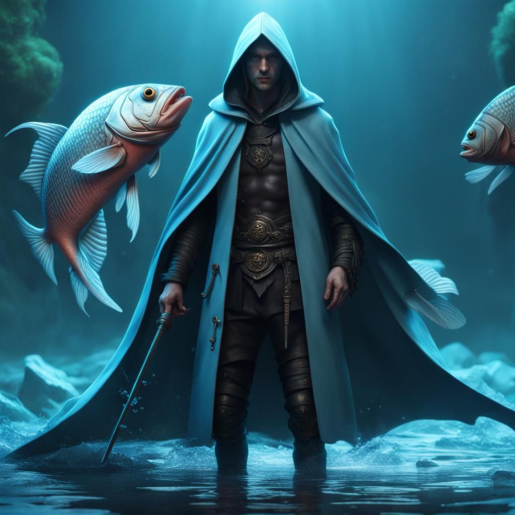 Aquatic Swordsman in Dark Cloak: Fantasy Concept Art