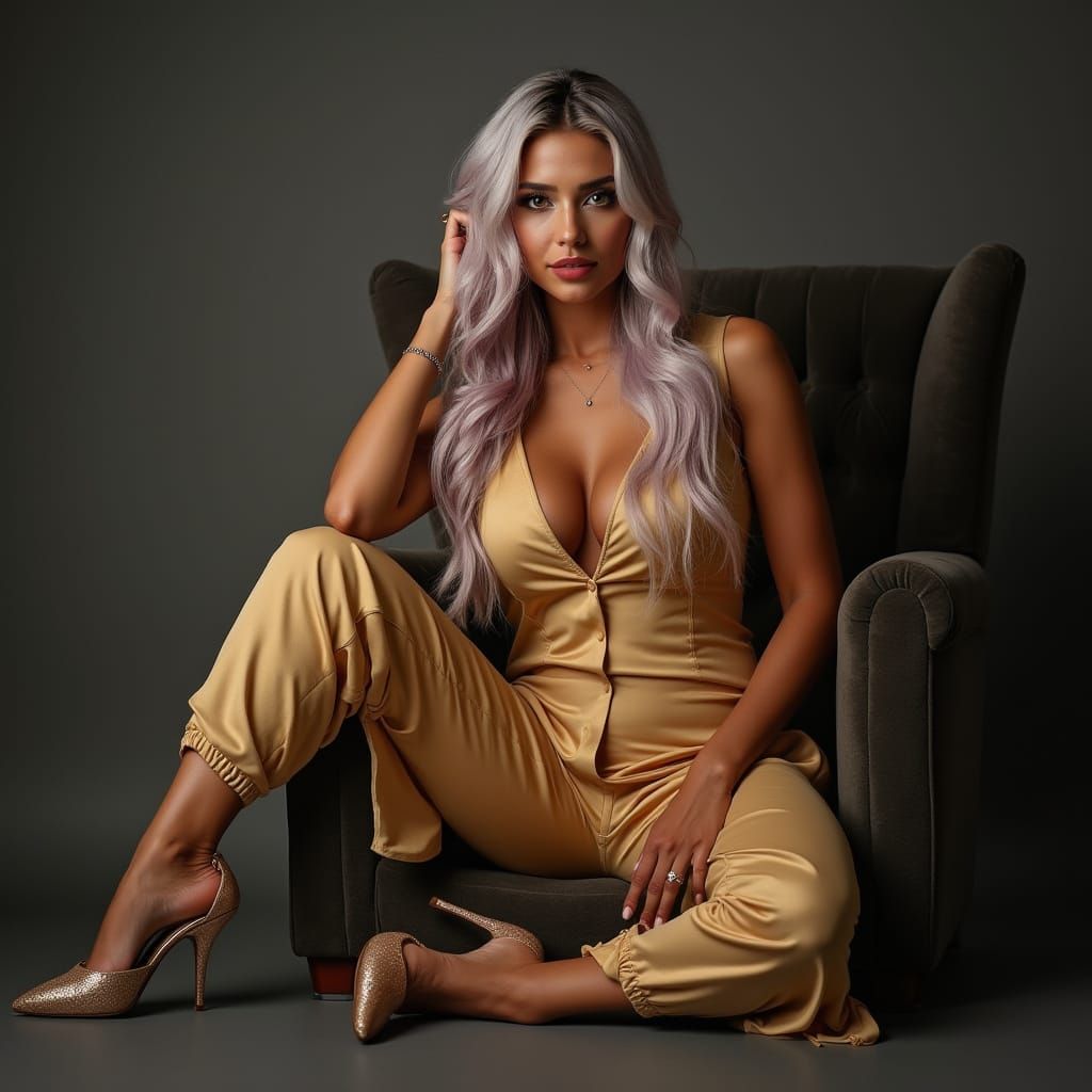 Confident Latina Woman in Golden Jumpsuit, Seductive Gaze, a...