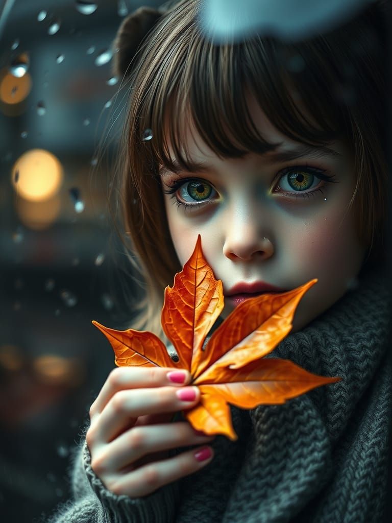 Sad Girl With Maple Leaf Through Rainy Window Hyperrealism