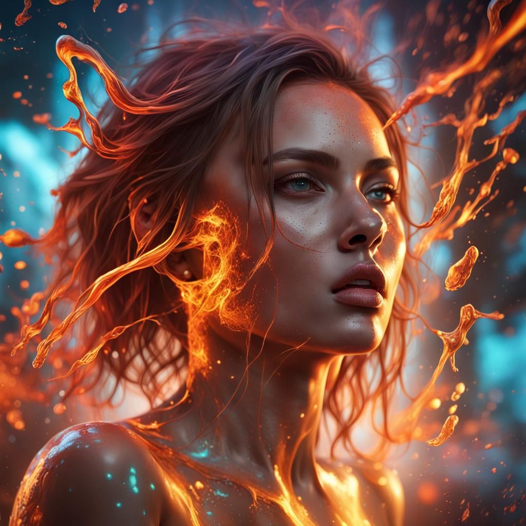 Electron Flow Around a Girl: Hyperrealistic Splash Art