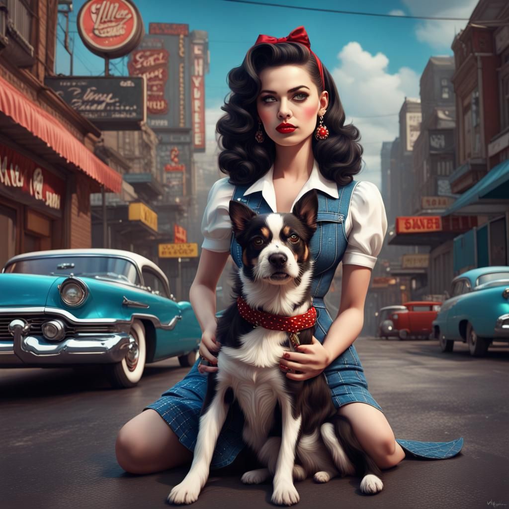 Rockabilly Girl with Dog: Detailed Digital Art