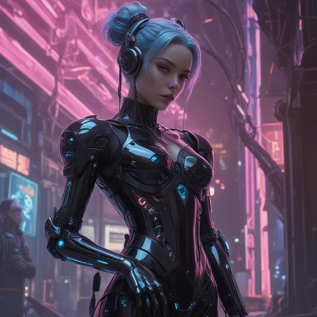 Futuristic Cyberpunk Android in Victorian Latex Dress