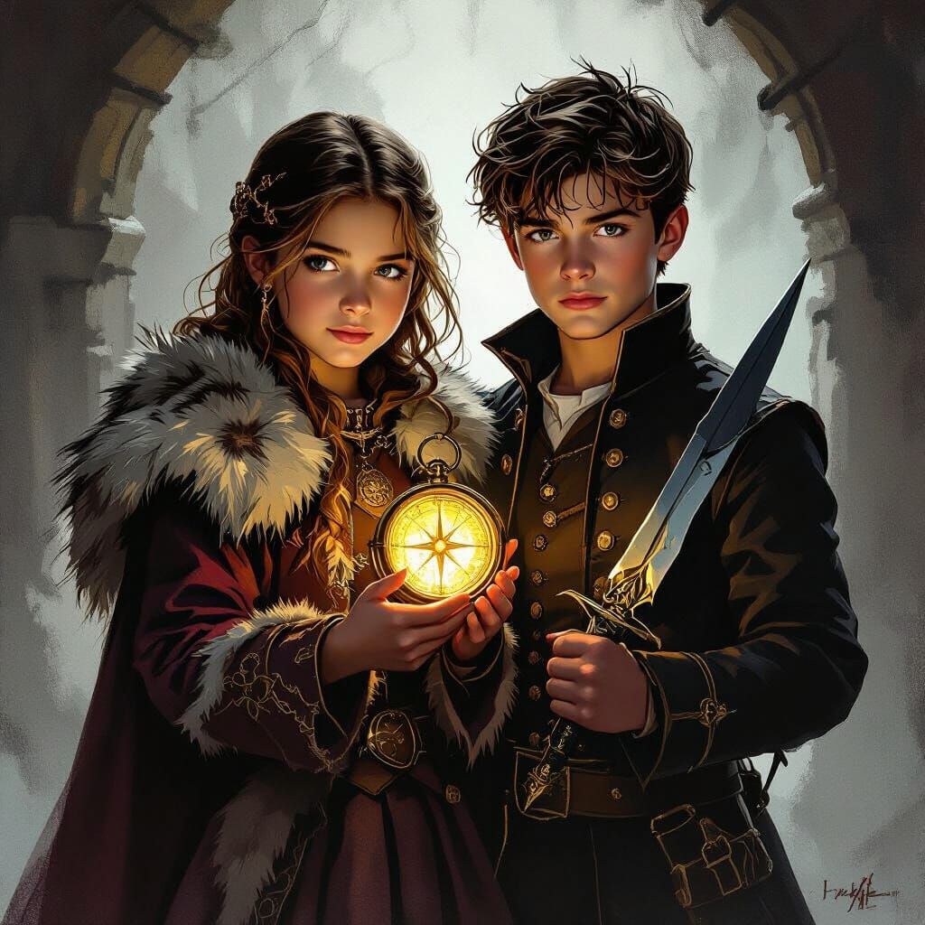 Medieval Girl and Boy with Shadow Knife and Golden Compass