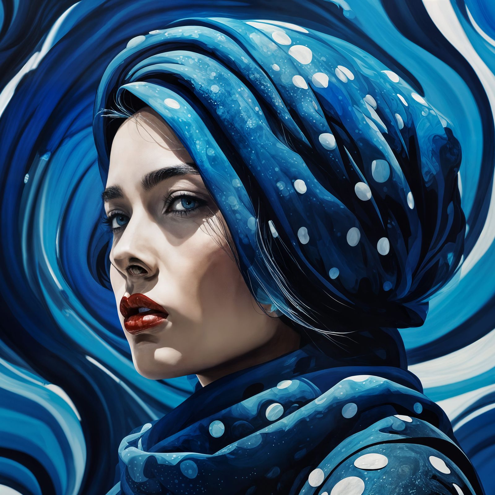 Avant-Garde Woman with Blue Scarf in 3D Render