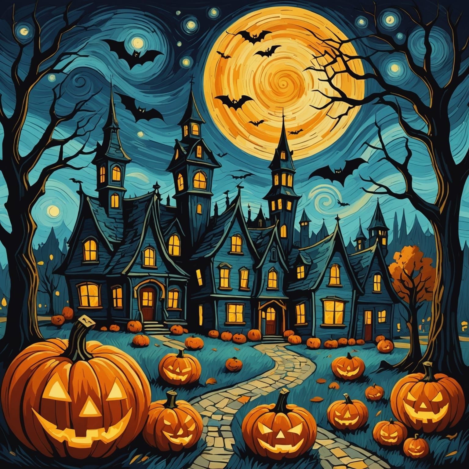 Halloween Town in Van Gogh's Post-Impressionist Style