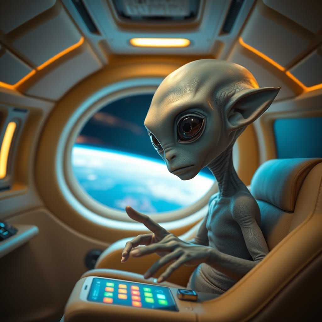 Luxurious Spacecraft Interior with Alien in Comfortable Chai...
