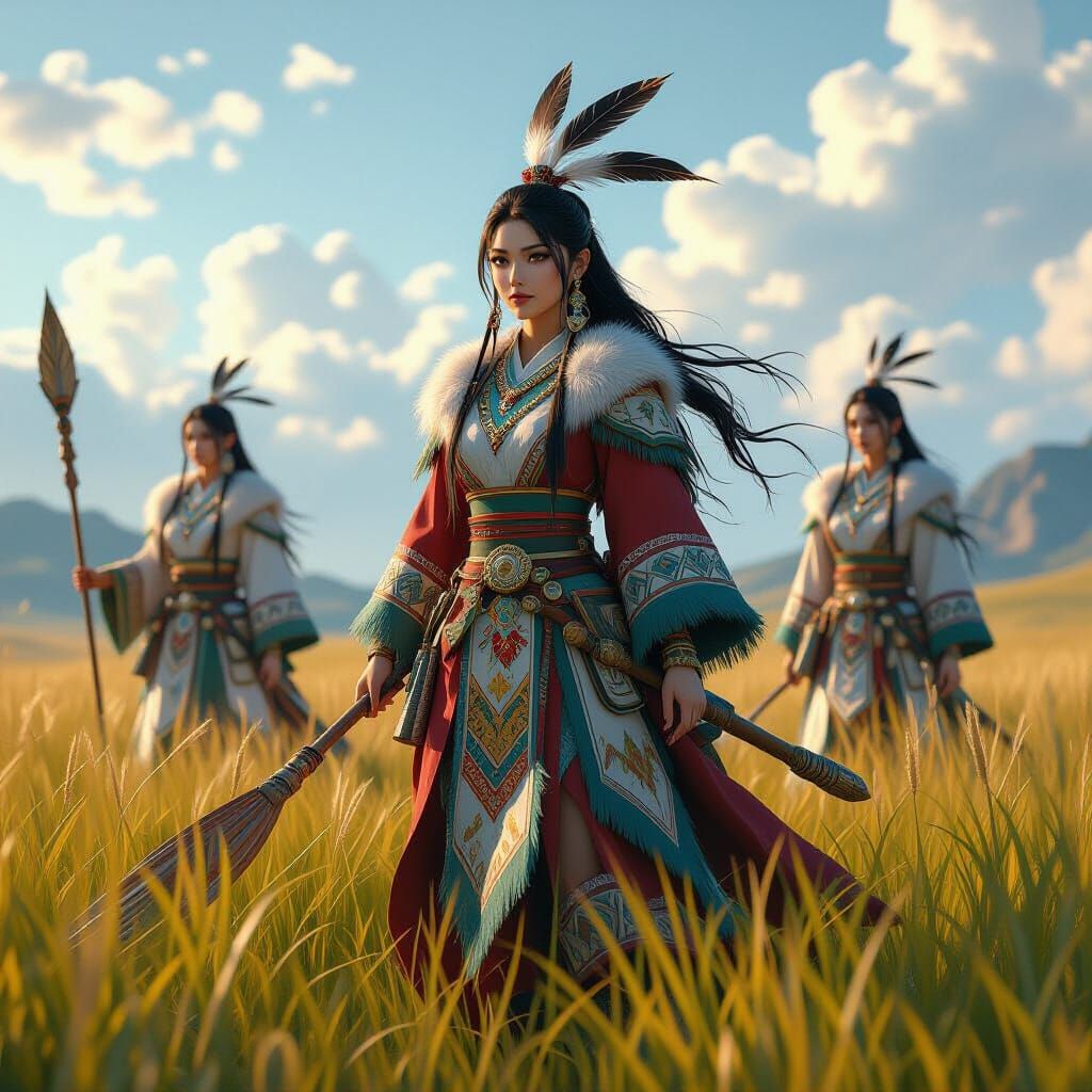 Mystical Shamans in Tall Grasslands Anime Style