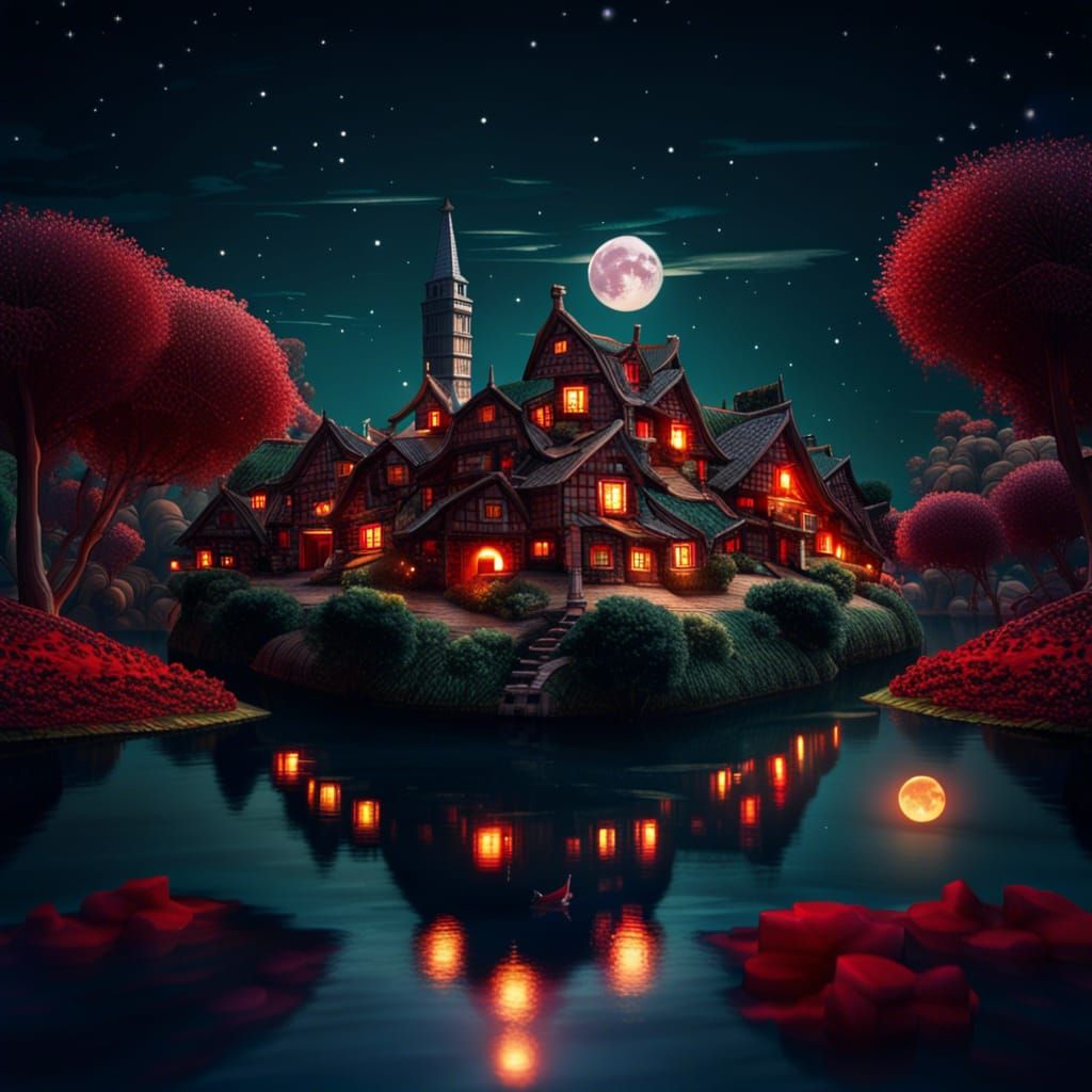 Floating Island Village Under Red Moon