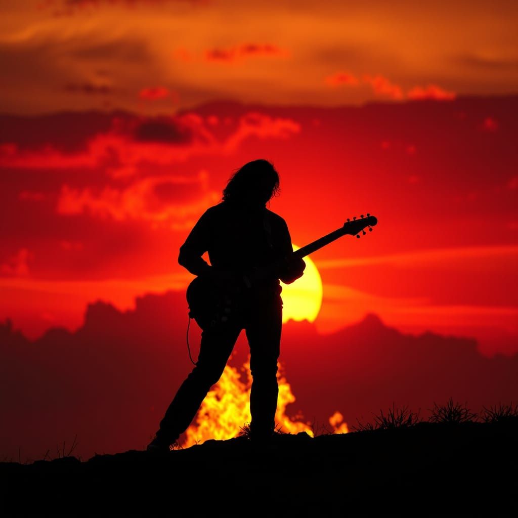 Fiery Sunset Guitarist Stands Tall Against Burning Pyre