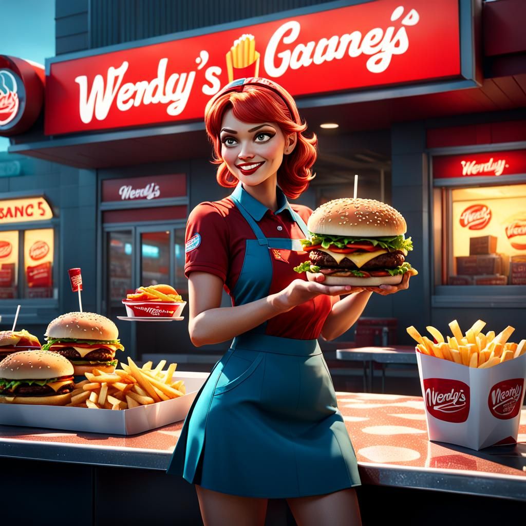 Wendy's Mascot with Burgers and Fries