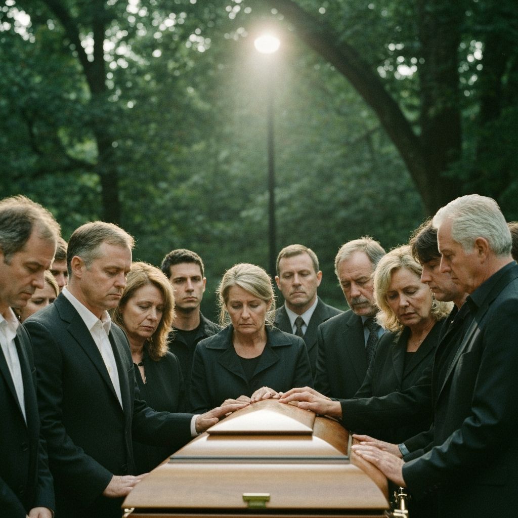 Mourners Gather at Funeral Under a Cloudy Sky