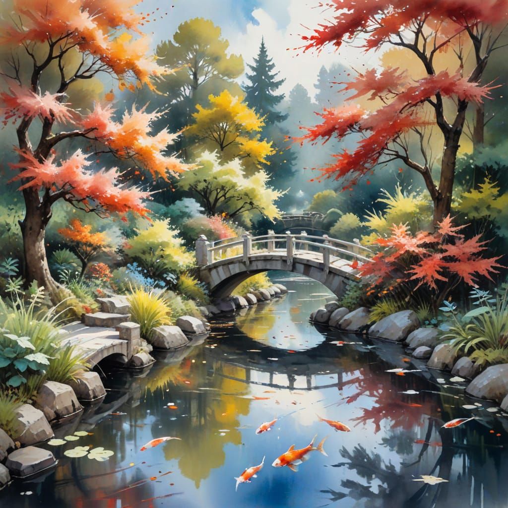 Autumn Japanese Garden with Koi Fish, Watercolour Style