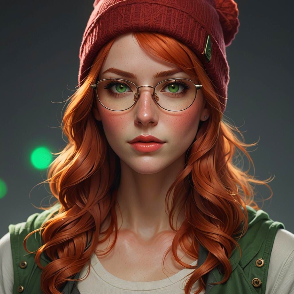 Redhead Portrait with Beanie and Glasses in Art Nouveau Styl...