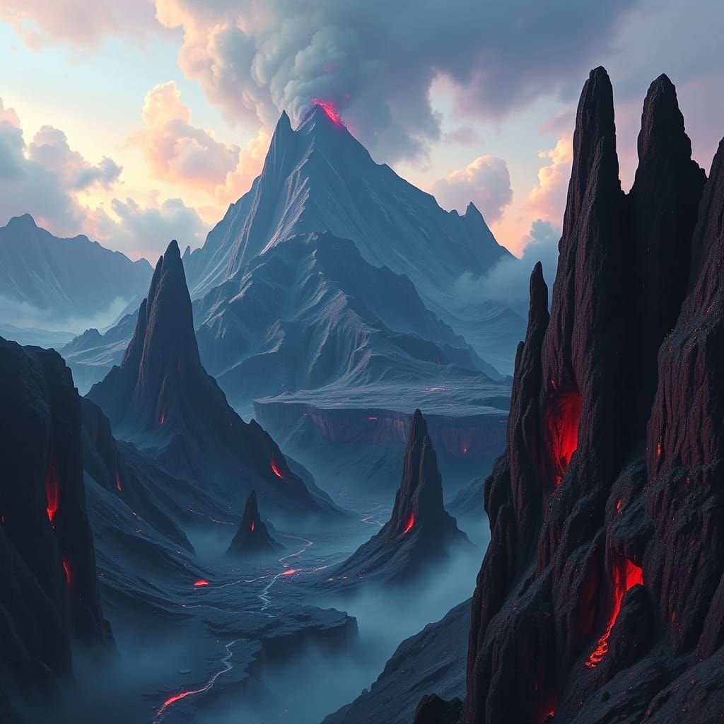 Volcanic Peaks and Obsidian Spires in Dark Surrealism