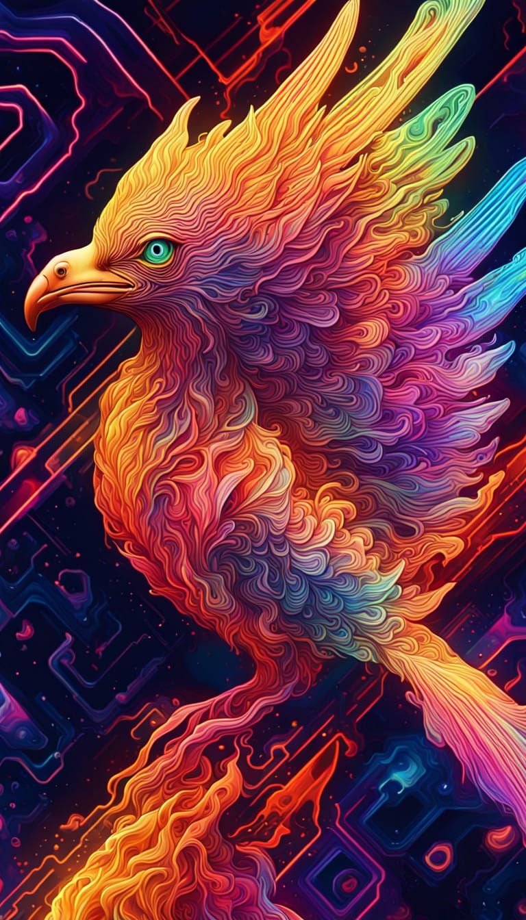 Extrapolate and Illustrate Four Separate Distinct Images of a Cosmic Fire Bird Flaming IN Psychedelic
Rainbow Contrastin...