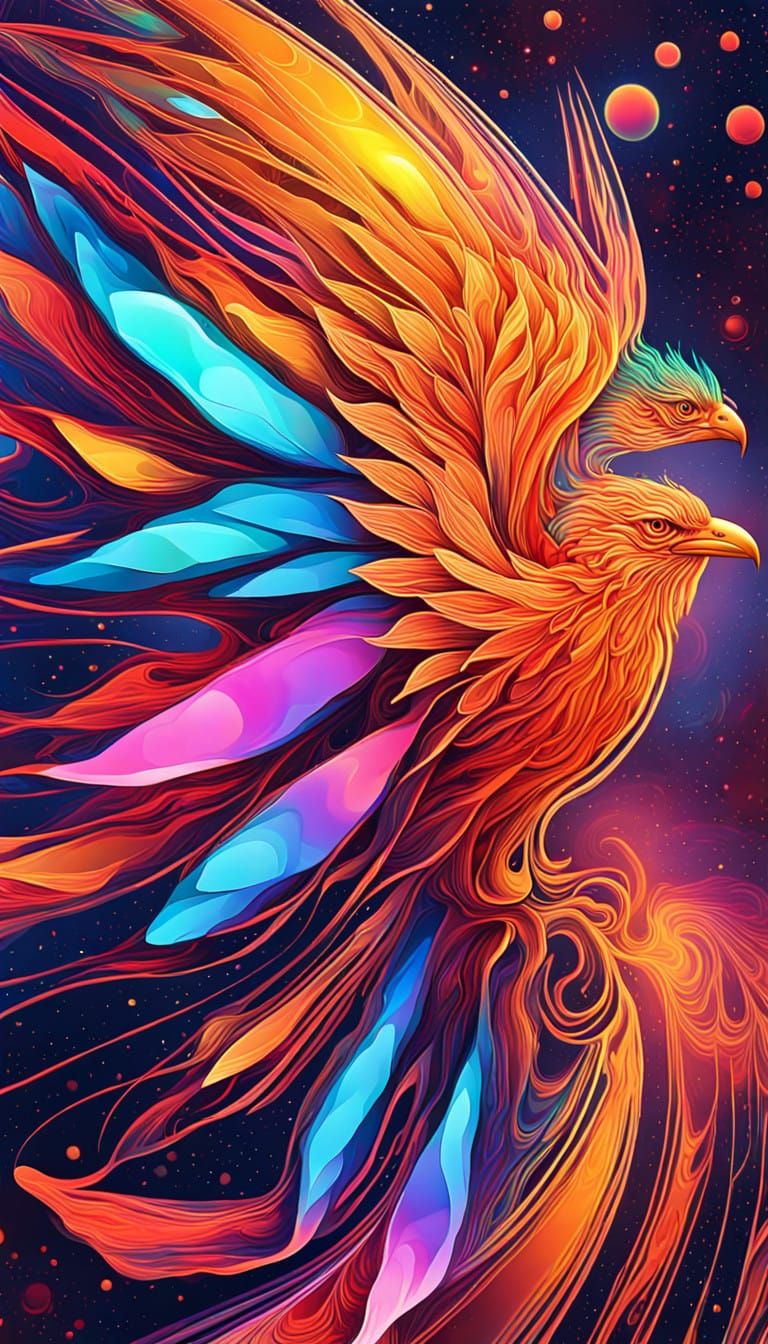 Extrapolate and Illustrate Four Separate Distinct Images of a Cosmic Fire Bird Flaming IN Psychedelic
Rainbow Contrastin...